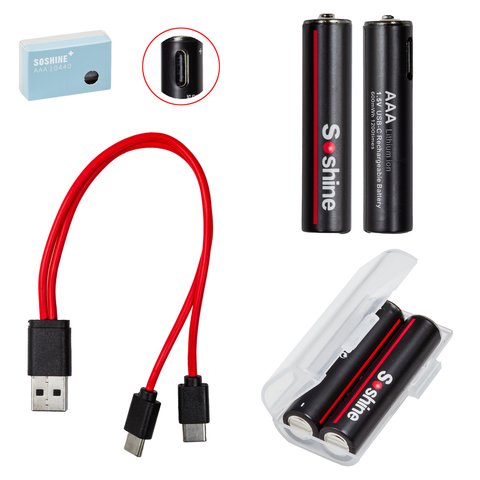 Аккумулятор AAA Soshine AAA HR03, 1,5 B, Li ion, 2 шт., в боксе, c кабелем, 600mWh , заряджається від USB Type C