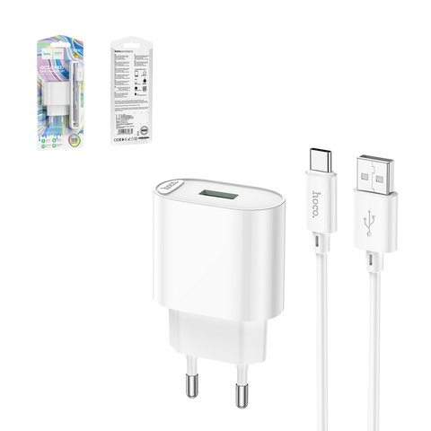 Adaptador de red Hoco C109A, 18 W, Quick Charge, blanco, con cable USB Tipo C, 1 puerto, #6931474784834