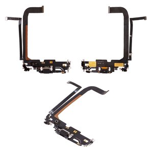 Шлейф для iPhone 13 Pro Max, конектора зарядки, чорний, з мікрофоном, з компонентами, Original PRC , Lightning, graphite