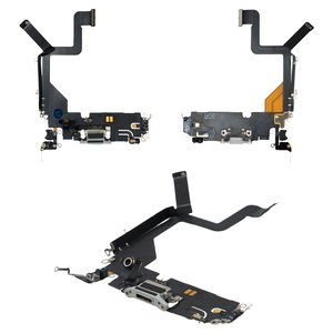 Шлейф для iPhone 14 Pro, конектора зарядки, сірий, з мікрофоном, з компонентами, Original PRC , silver