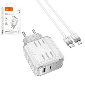 Мережевий зарядний пристрій Hoco C136A, 45 Вт, Power Delivery PD , білий, з кабелем USB тип C до Lightning для Apple, 2 порта, #6942007627290
