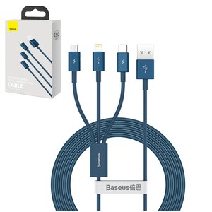 USB кабель Baseus Superior, USB тип C, USB тип A, micro USB тип B, Lightning, 150 см, 3,5 А, синий, силиконовый, 3 в 1, #CAMLTYS 03
